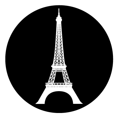 White illustration of the Eiffel Tower on a black circle.
