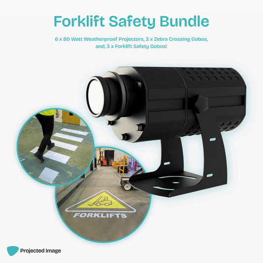 Forklift safety sign bundle for warehouse safety signage. Featuring a black 80 watt gobo projector, zebra crossing sign and forklift safety floor marking.