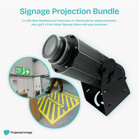 Signage projection bundle featuring a gobo projector, yellow floor marking and fire exit sign.