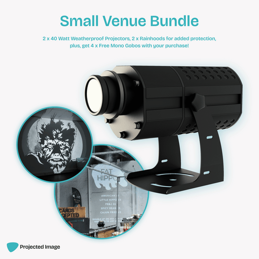 Small venue projection bundle featuring 40 watt gobo projectors and a menu projection and werewolf projection.
