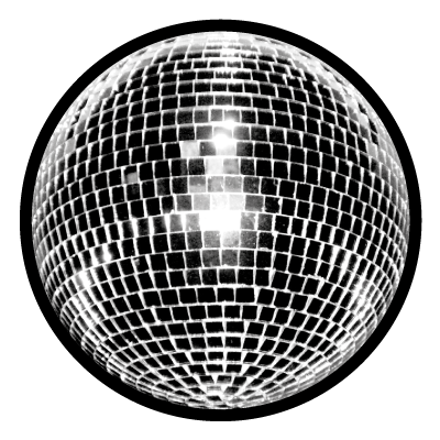 Greyscale image of a mirrored disco ball on a black circle gobo.