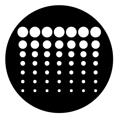 7x7 white circles in a grid formation, top row being large circles with rows below decreasing in size on a black circle gobo.