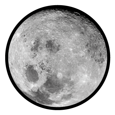 Greyscale image of the moon with no shadows on a black circle gobo.