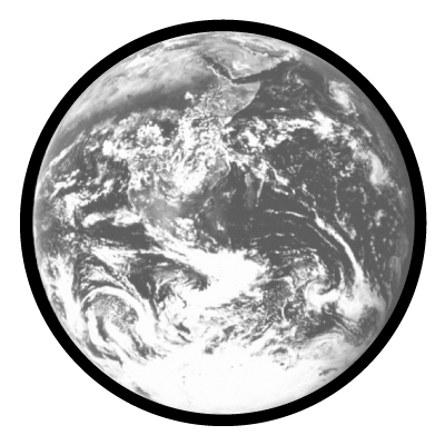 Greyscale image of Earth with slight cloud cover on a black circle gobo.