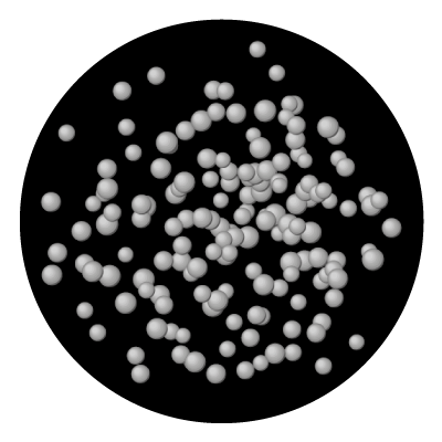 Multiple greyscale shaded balls in a random scattering on a black circle gobo.