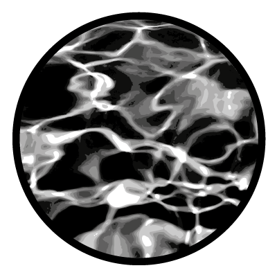 Greyscale image of water ripples reflecting light on a black circle gobo.