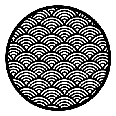 White interlocking scalloped lines repeat pattern cropped to a circle on a black circle gobo.