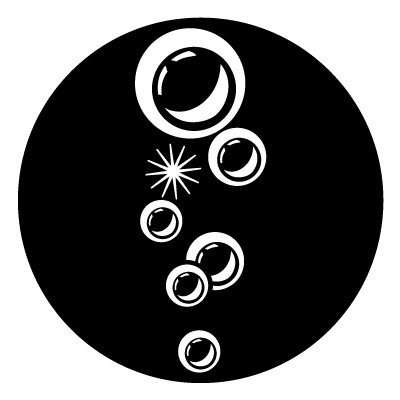 While silhouette of stylised bubbles in different sizes in a row on a black circle gobo.