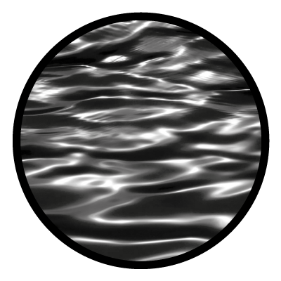 Greyscale image of smooth ripples in the water on a black circle gobo.