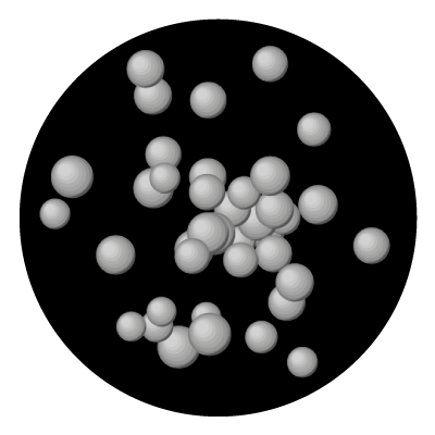 Multiple large greyscale shaded balls in a random scattering on a black circle gobo