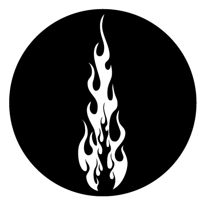 White stylised flame on a black circle gobo.