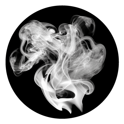 Greyscale image of a smoke effect on a black circle gobo.