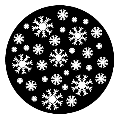 Different arrangements of white snowflakes on a black circle gobo