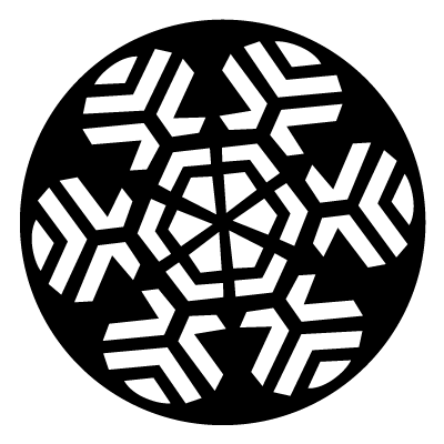 White rounded edge snowflake with angular lines on a black circle gobo.