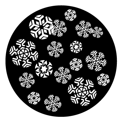 Assorted positions of white snowflakes on a black circle gobo.