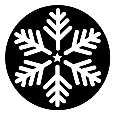 White rounded edge snowflake with a star in the centre on a black circle gobo.