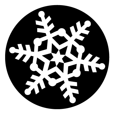 White round-pointed snowflake with 6 pointed star shape in centre on a black circle gobo.