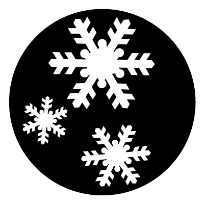 3 white different sized snowflakes on a black circle gobo.