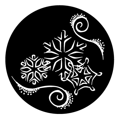 White stylised snowflakes with dots and curled lines on a black circle gobo.