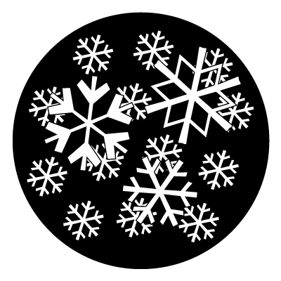 Large white snowflakes overlayed on smaller white snowflakes on a black circle gobo.