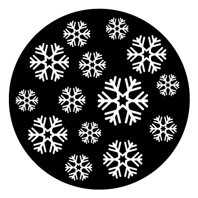 White snowflakes arranged in assorted positions on a black circle gobo.