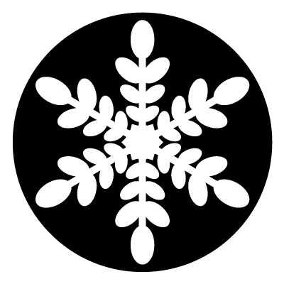 White snowflake with 6 rounded points on a black circle gobo.