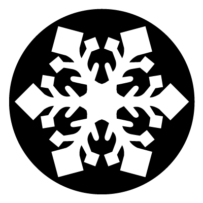 White snowflake with square points on a black circle gobo.