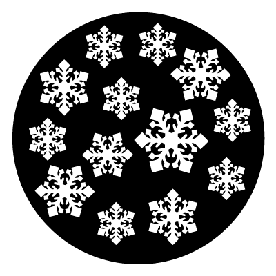 Different orientations and sizes of white snowflakes on a black circle gobo