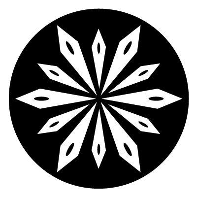 White snowflake made up of diamond shapes on a black circle gobo.