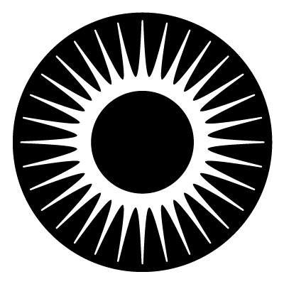 White spiked sun with a black circle in the centre on a black circle gobo.