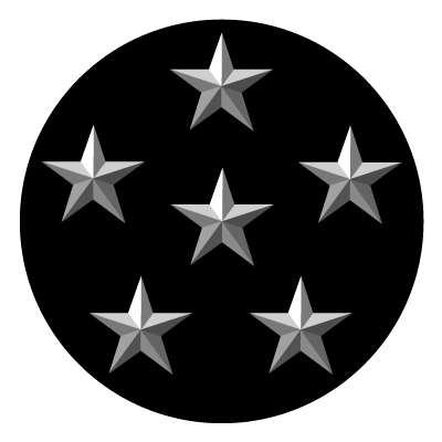 6 greyscale 5 pointed 3D stars on a black circle gobo.