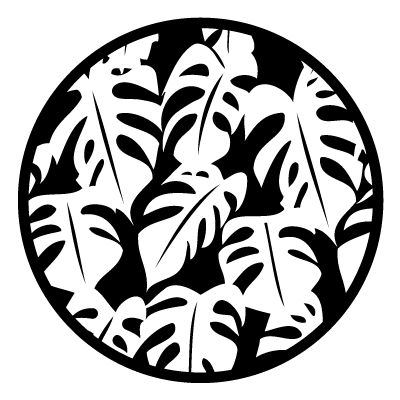 White silhouettes of monstera leaves in a pattern on a black circle gobo.