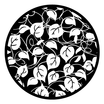 White silhouette of intertwined ivy leaves and vines cropped to a circle on a black circle gobo.