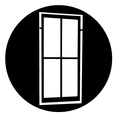 White 4 section window with black cross in the centre and a white rectangle outline. On a black circle.