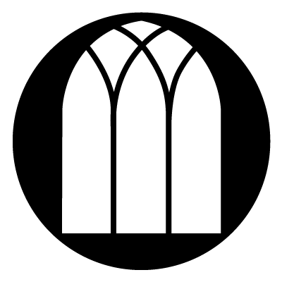 White arched church window with diamond pattern above 3 smaller arches. On a black circle background.