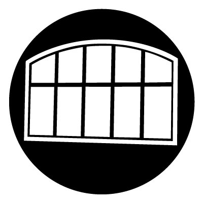 5 rectangular window panes with a smaller pane above. The smaller panes create a slight curve. Around this is an outline of a rectangle but with a curved top. On a black background.