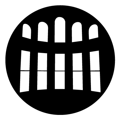5 rectangular windows with a curved top. On a black circle background.