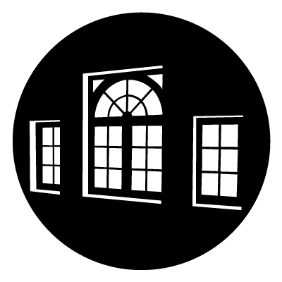 Illustration of a white window with semi circle in the top section. Either side is a smaller rectangle window made up of 6 square panes. On a black circle background.