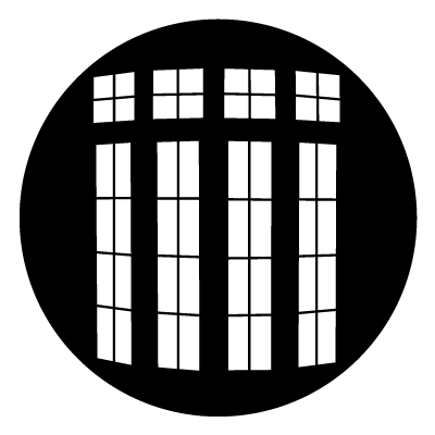 White silhouette of 4 window panes with smaller gridded windows on a black circle gobo.