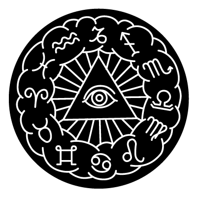 White horoscope symbols in a circular orientation with a triangle with an eye in the centre on a black circle gobo.