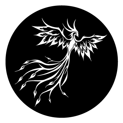White stylised phoenix on a black circle gobo.