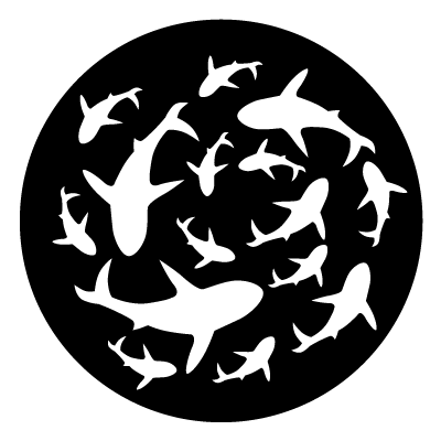 White silhouettes of sharks swimming in a circle on a black circle gobo.