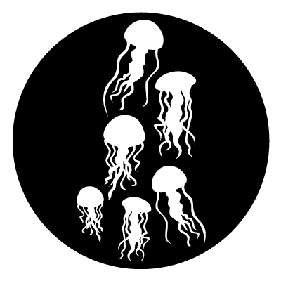 White silhouette of a group of jellyfish on a black circle gobo.