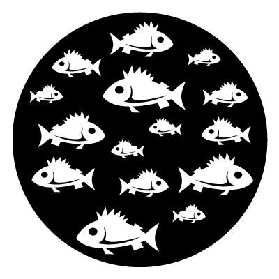 White silhouette of a group of fish on a black circle gobo.