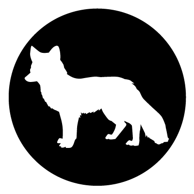 White silhouette of a fox on a black circle gobo.