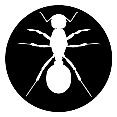 White silhouette of an ant on a black circle gobo.