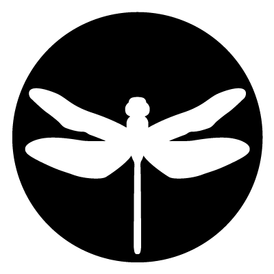 White silhouette of a dragonfly on a black circle gobo.