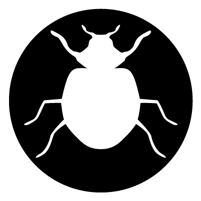White silhouette of a round beetle on a black circle gobo.
