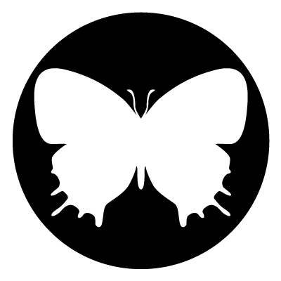 White silhouette of a wide wing butterfly on a black circle gobo.