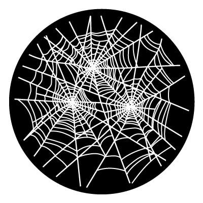Three intertwining white cobwebs on a black circle gobo.